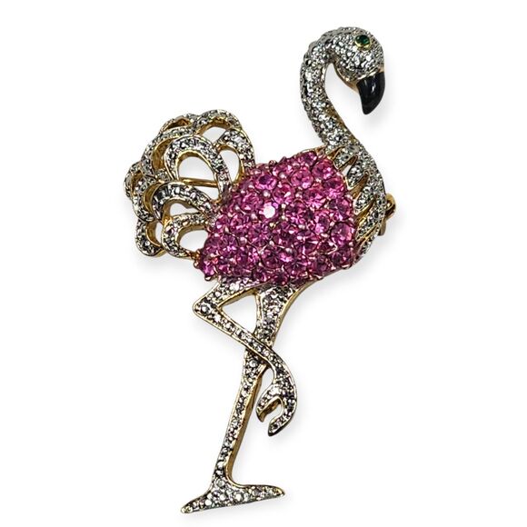 CRYSTAL RHINESTONES PINK FLAMINGO BIRD PIN BROOCH MADE WITH SWAROVSKI ELEMENTS - Picture 1 of 3